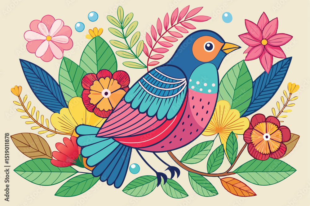 Obraz premium Colorful Bird Illustration with Flowers and Leaves on a Beige Background