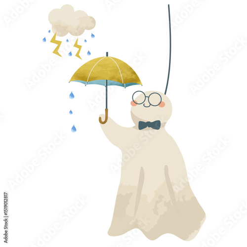 雨を降らす雷雲と傘をさすてるてる坊主