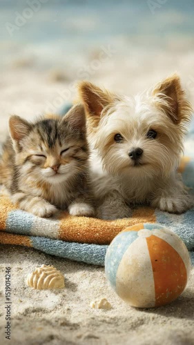 A cute kitten and puppy relax together on a beach towel with a ball.