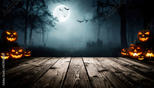 Spooky halloween background with empty wooden planks, dark horror background.