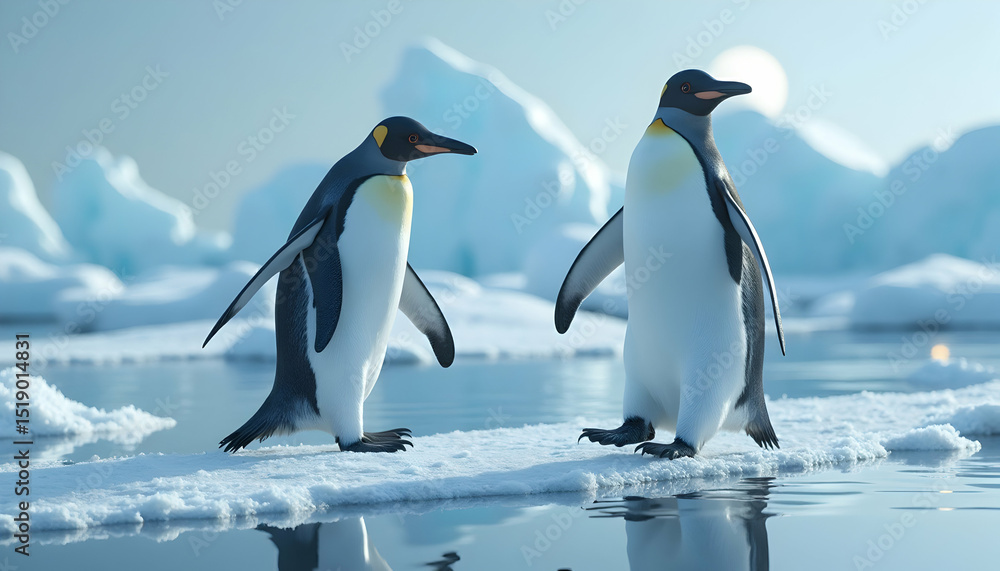 Obraz premium Two Penguins Standing on Ice Floe in Frozen Antarctic Landscape