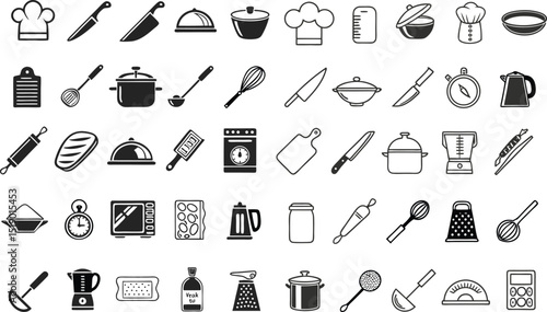 A comprehensive collection of kitchen utensil icons perfect for culinary branding design projects and website interfaces