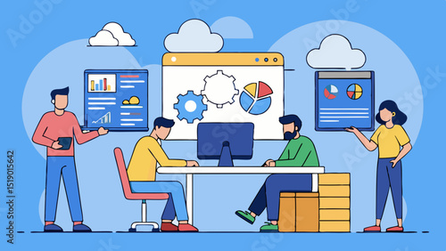 Team of developers working on project management and software development with dashboards and cloud computing, flat illustration of modern office teamwork and collaboration.