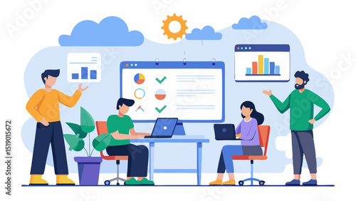 Team of developers working on project management and software development with dashboards and cloud computing, flat illustration of modern office teamwork and collaboration.