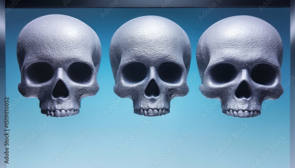 Three skulls in a row against a light blue backdrop Three skulls in a row against a light blue backdrop