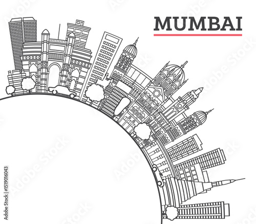 Outline Mumbai India City Skyline with Historic Buildings and copy space Isolated on White. Bombay Cityscape with Landmarks.