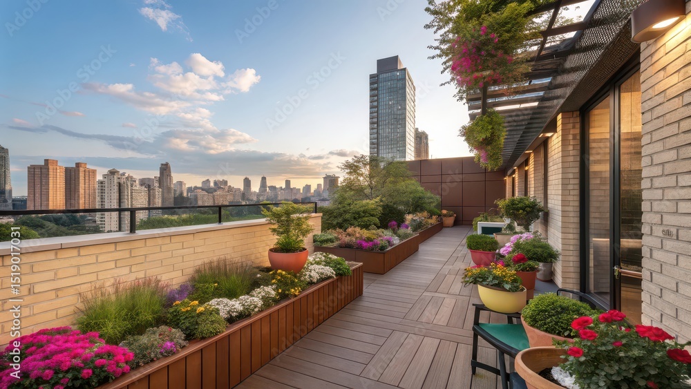 Fototapeta premium balcony garden with view of modern city at sunset
