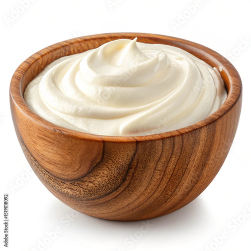 A wooden bowl filled with a generous portion of smooth creamy white substance on a white background created with generated ai