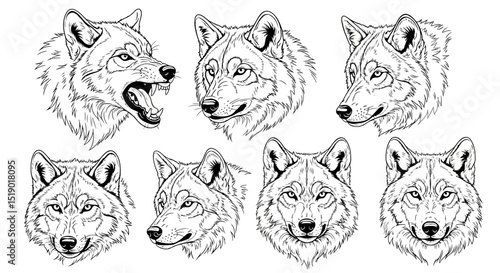 Detailed Black and White Illustrations of Wolf Heads