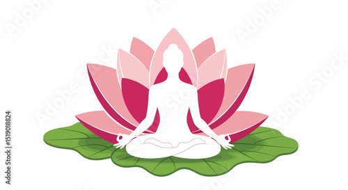 Meditating Figure in Lotus Position on Lotus Flower and Leaves