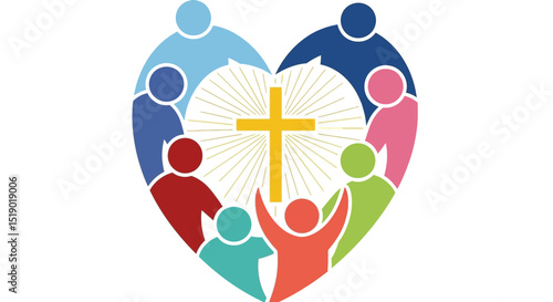 Colorful People Forming Heart Shape Around Shining Cross