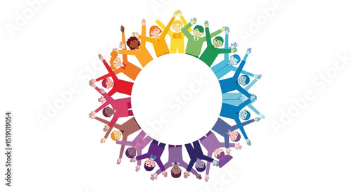 Diverse People Forming a Colorful Circle Arms Raised in Unity