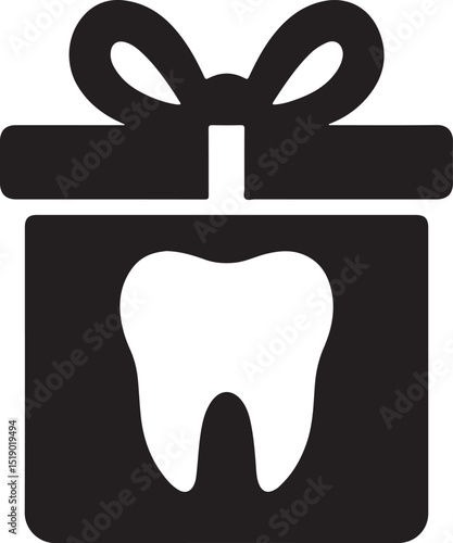 Tooth inside gift box icon silhouette vector. Ideal for dental promotions, offers, gifts, and special deals.