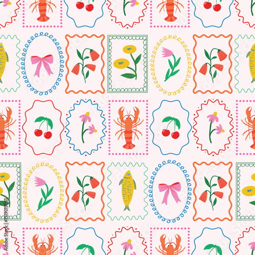 Florals and sea-food inspired summer seamless pattern. Whimsical lobster, fish, cherry, bows, hand drawn frames. Colorful quirky surface pattern for fabric, wallpaper, digital print, textile design