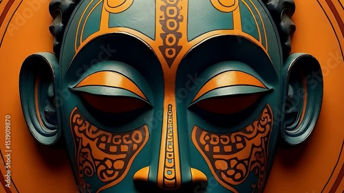 Stylized African tribal mask surrounded by rhythmic lines and warm earth tones. Evokes ancestral wisdom and spiritual strength. Symmetry and symbolism enrich cultural depth.