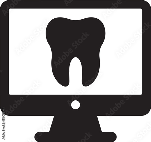 Tooth on computer screen icon silhouette vector. Ideal for virtual dental consult, telehealth, and online care.
