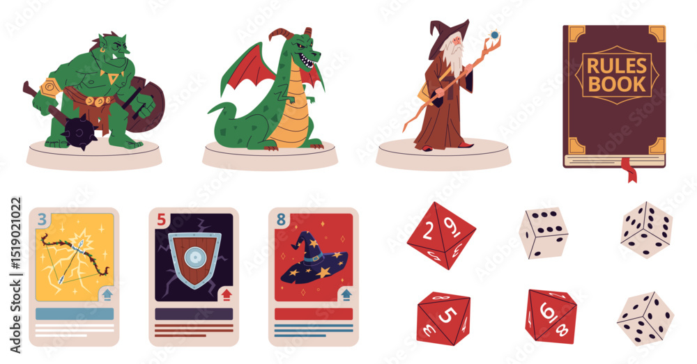 Naklejka premium Rpg board game elements. Polygonal dices, cards template, wizard, dragon and orc with weapon, fantasy adventure world, figures, rules book, cartoon isolated boardgame nowaday vector set