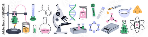 Chemistry tools. Chemical or biological laboratory equipment, test tubes, flasks, microscope, pharmaceutical elements, lab glassware flat isolated elements garish vector scientific set