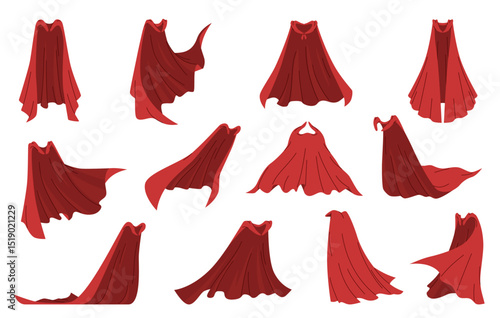 Cartoon red capes. Superhero silk cloaks, different positions, fabric draperies, scarlet mantles, billow and flowing, super hero costume, masquerade cloth nowaday vector isolated set