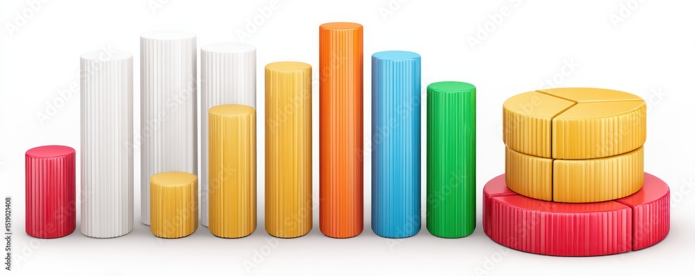 Obraz premium Colorful 3D Bar and Pie Charts Data Visualization on White Background