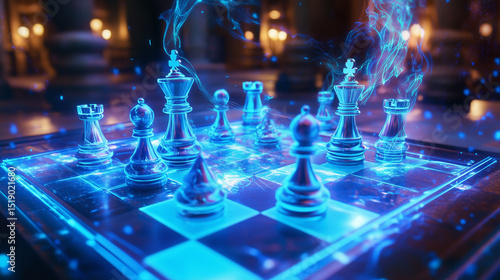 Digital chess game with hologram elements on a chessboard enigmatic environment dynamic perspective