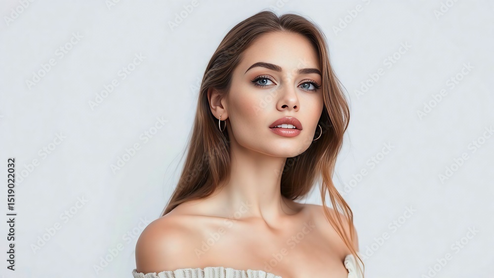 Obraz premium Blond woman model with natural fresh skin and glamorous make-up smiling in studio