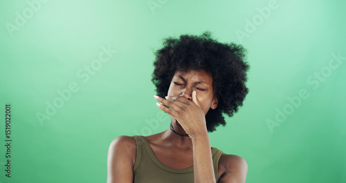 Foto Lazy, tired and yawn with black woman on green background for exhaustion or fatigue syndrome