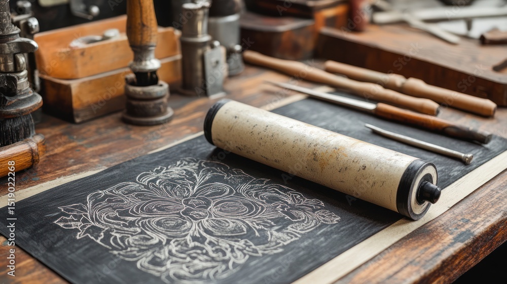 Engraving Tools and Design on Workshop Table Engraving Tools and Design on Workshop Table