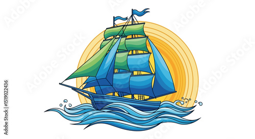 Colorful Sailing Ship with Waves and a Sun in the Background