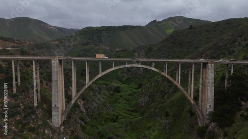 4K Aerial Drone Footage of Cars Crossing Bixby Creek Bridge on California’s Big Sur Coast with Ocean Below