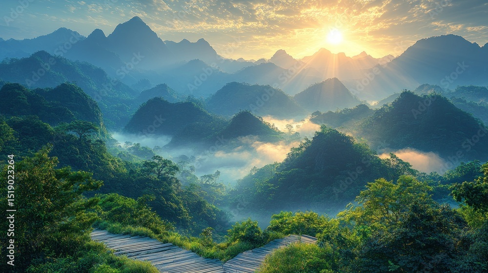 Obraz premium Misty mountain sunrise landscape. Lush valleys, sun rays