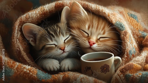 Two cats cuddled under a warm blanket.