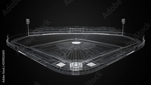 Wireframe baseball stadium.  Detailed 3D model of a baseball diamond and stadium, showing the structure's framework