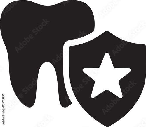Tooth and shield with star icon silhouette vector. Ideal for dental protection, safety, and strong oral health.