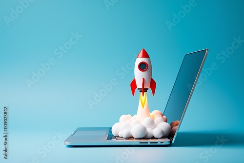 Rocket launching from laptop screen with smoke on a blue background studio shot close up view scene