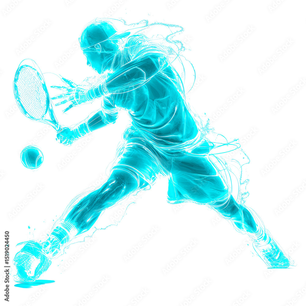 Electric blue tennis player strikes a dynamic pose in an exciting motion Electric blue tennis player strikes a dynamic pose in an exciting motion