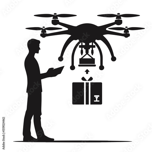 Man using tablet to control drone delivering a package  