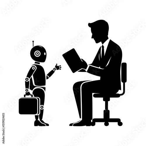 Businessman discussing with robot holding briefcase in office setting  