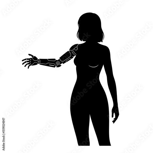 Silhouette of woman with robotic arm showcasing future technologies and innovation  