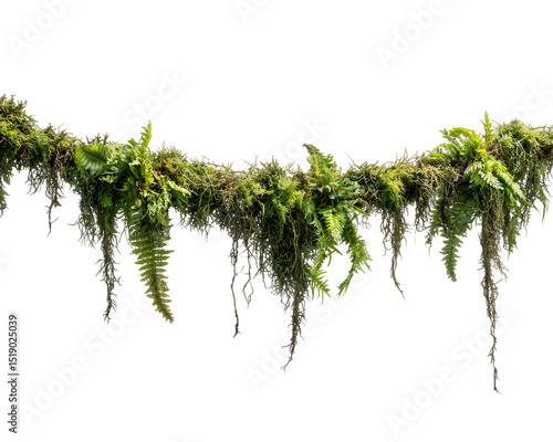 Lush Green Moss and Fern Hanging Branch, PNG