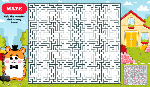 Square Maze Activity Page For Kids. Help Hamster Find The Way To Home, Cartoon Style