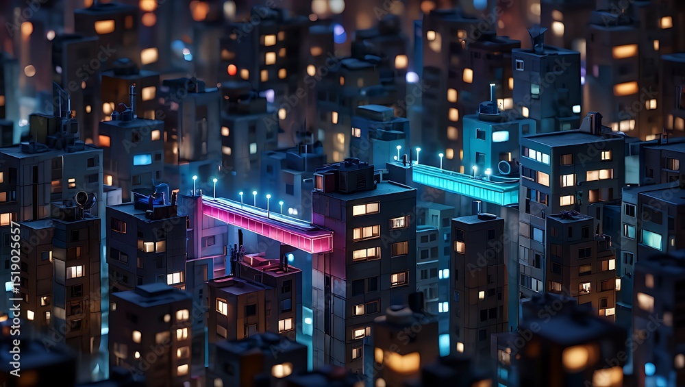 Fototapeta premium Cityscape at night with colorful neon lights.