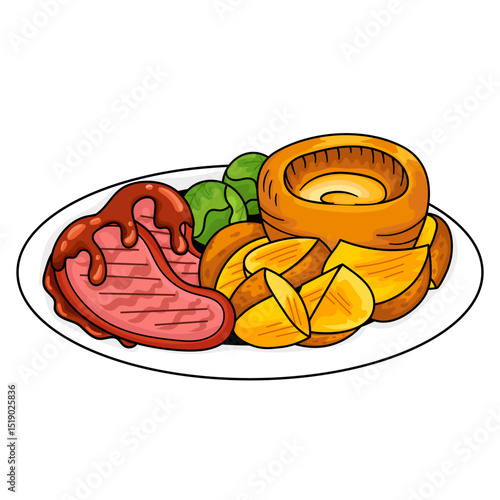 British Yorkshire Pudding And Roast Beef Illustration On A Plate In Cartoon Style