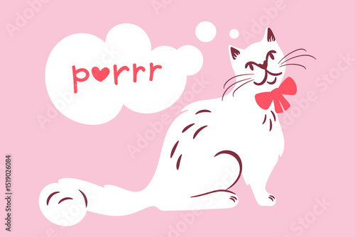 Cat in cute coquette style vector illustration. Hand drawn funny illustration of a purring kitten with a tie bow.