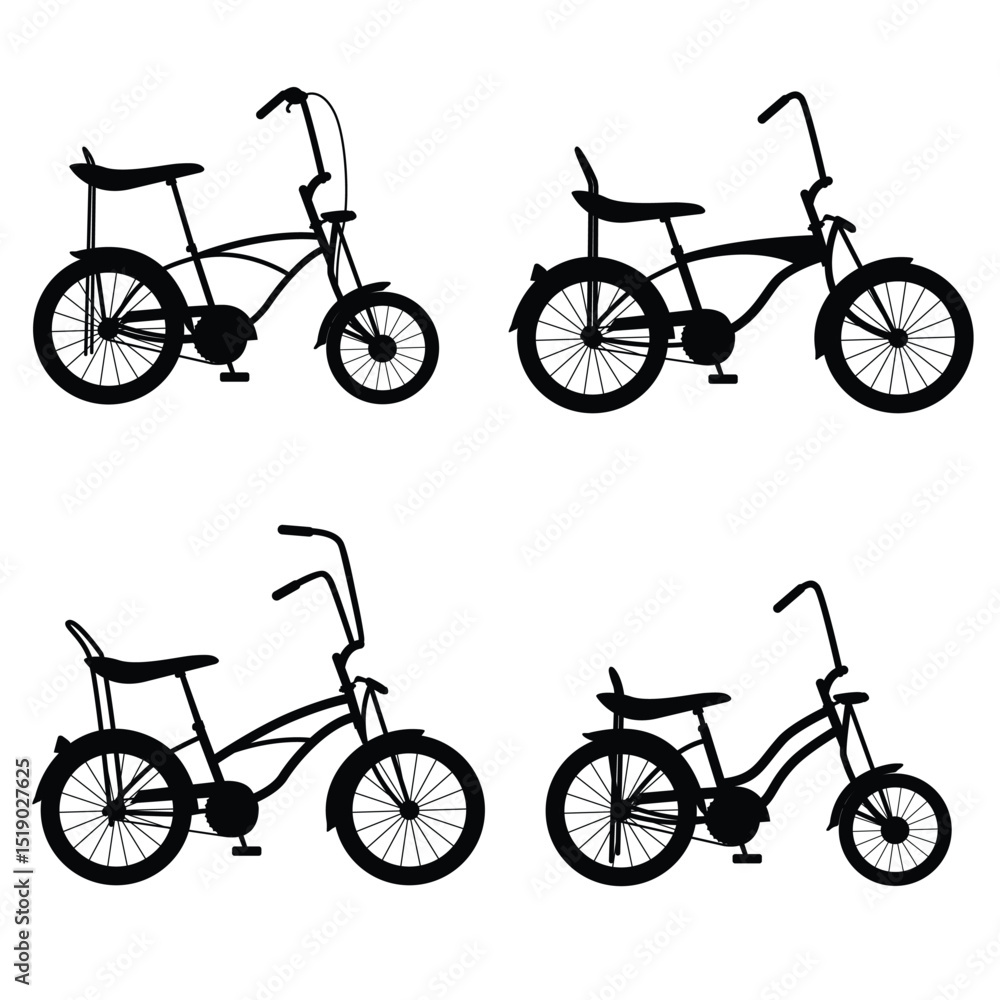Obraz premium Vintage Lowrider Bicycles Vector. Low Rider Bicycle Illustration Set, Black and White Silhouettes. Collection of Different Lowrider Bicycles, Perfect for Logos, Designs, and More.