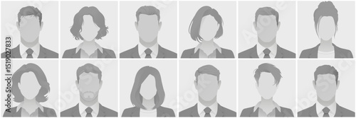 Collection of grayscale silhouette avatar defoult photo placeholder portraits depicting diverse business professionals in suits shown in a grid format representing teamwork Ideal for corporate use.