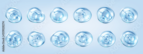 Transparent bubbles containing collagen molecules realistic color icons set. Skincare scientific research 3d objects bundle on blue