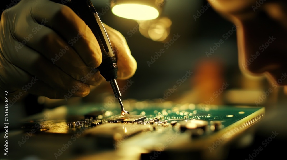 Obraz premium Soldering Circuit Board. Close-up of a technician's hand using a soldering iron on a circuit board