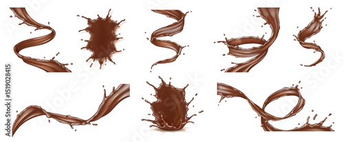 Set of chocolate splashes in dynamic forms against a white background. The rich brown liquid swirls create a sense of movement and indulgence, perfect for culinary projects.