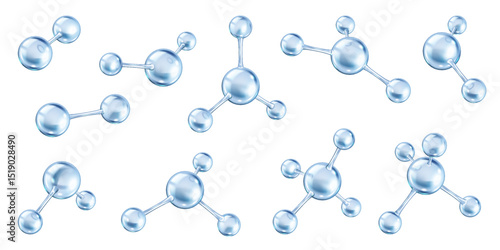 Multiple collagen molecules connecting realistic color icons set. Network of bonds and complex structures 3d objects bundle on white background